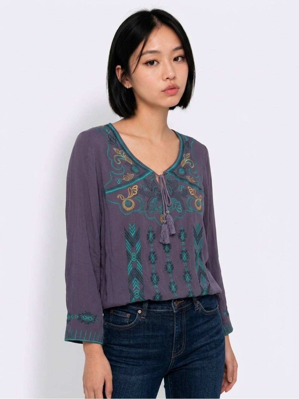 Women’s Purple Embroidered Peasant Tunic